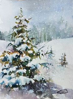 a painting of a snow covered christmas tree in the middle of a snowy field with evergreens