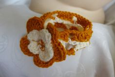 HANDMADE CROCHETED CREAM WOOL  COLORS FLOWER BRACELET ONE OF A KIND FROM ARTIST #HANDMADEBYRIVKAFILIN #Statement Brown Bracelet As Summer Gift, Brown Summer Bracelets As Gifts, Brown Summer Bracelets As Gift, Brown Bracelets As Summer Gifts, Brown Bracelets, Summer Gift, Handmade Vintage Bracelets For Spring, Vintage Flower Bracelets For Spring, Handmade Brown Flower Bracelets, Handmade Orange Bracelet For Spring