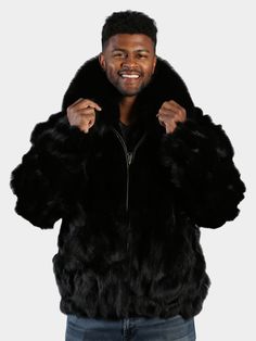 Man's Black Fox Section Fur Bomber Jacket features Full Skin Fox Collar, Elastic at Hem and Cuffs and Large Wing Collar. Luxury Fall Outerwear With Horn Royal Black Buttons, Luxury Black Long Sleeve Fur Coat, Luxury Black Fur Coat For Cold Weather, Poncho Men, Fox Collar, Capes For Kids, Black Fox, Wing Collar, Parka Women