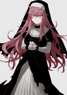 an anime character with long pink hair wearing a black and white dress, standing in front of