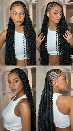 Half Moon Parts Braids, Color Fulani Braids For Black Women, Feed In Braids Half Up Half Down Weave, Swoop Braids Styles, Braids For Half Up Half Down, Twisted Cornrow Hairstyles, Braid Styles Half Up Half Down, Hairstyles Half Braid, Medium Size Fulani Braids