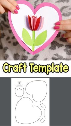 someone is holding up a paper heart with a flower on it and the words craft template