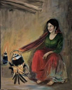 a painting of a woman sitting on the floor next to a basket with candles in it