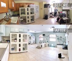 before and after photos of a kitchen remodel with cats in the oven,