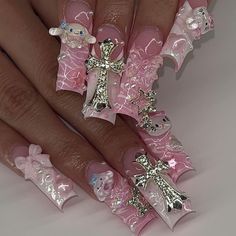 24pcs Light Pink Bowknots Press On Nails Y2k French Style Long Coffin False Nails With Cute Cartoon Rosary Nails, Nails Bling, Junk Nails, Home Nail Salon, Cute Acrylic Nail Designs, Short Acrylic Nails Designs, Pink Acrylic Nails, Nails Long, Beautiful Nail Art