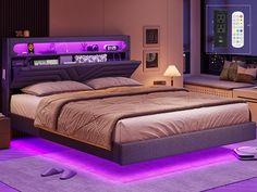 a bed room with a neatly made bed and purple lighting