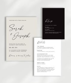 the wedding stationery is shown in black, white and gray with an elegant calligraphy font