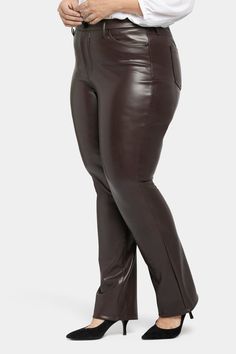 Our most popular silhouette, now in super-sculpting compression faux leather. NYDJ's Faux Leather Marilyn Straight Pants in Plus Size have a flattering and versatile straight-leg fit that elongates the figure, while their texture adds a bold edge to outfits. Lift Tuck® Technology uses a proprietary slimming panel with a patented criss-cross design to shape and support your curves for even more sleekness. The styling of this pair is finished with five pockets and a zip fly with button closure. Th Leather Pants Women, Petite Pants, Cross Design, Petite Jeans, Leather Outfit, Petite Outfits, Pants Women, Bottom Clothes, Straight Pants