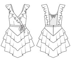 the front and back views of a dress with ruffles on it, as well as