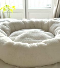 a white dog bed sitting on top of a wooden floor next to a large window