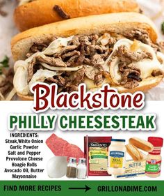 an advertisement for black stone philly cheesesteak with meat and onions on it