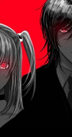 two anime characters with red eyes and long hair standing next to each other in front of a red background