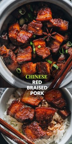 two pictures of chinese red braised pork with rice and chopsticks on the side