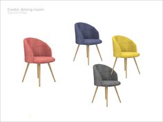 four different colored chairs with wooden legs