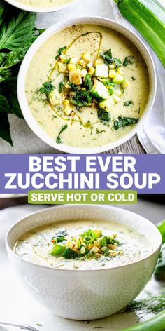 the best ever zucchini soup served in white bowls with green garnish