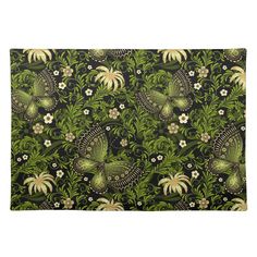 green butterflies and flowers on black background placemats