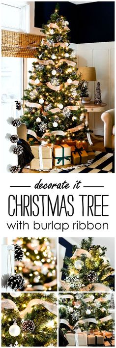 a christmas tree with burlip ribbon and ornaments is shown in this collage