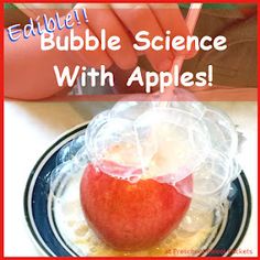 an apple is wrapped in plastic and sitting on a plate with the words edible bubble science with apples