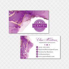 two business cards with purple marble and gold foil on the front, one has a white background