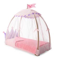 a pink princess bed with mosquito netting on the top and bottom, in front of a white background