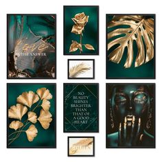 gold and green wall art with quotes on the sides, including two large leaves