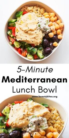 two bowls filled with different types of food and the words 5 minute mediterranean lunch bowl