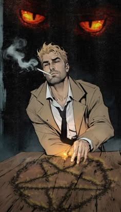 John Constantine Plus Cigarette Plus Pentagram Equals Demonic Summoning: #JohnConstantine takes a much-needed smoke break while fiddling with a pentagram in a dark London pub, nothing good can come from this.  #TrUzEDIT John Constantine Wallpaper Dc Comics, Dark Superhero Design, John Constantine Comic Art