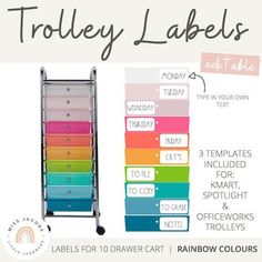 the rainbow drawers are labeled with labels for each drawer, and there is also an image of