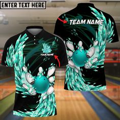 a bowling shirt with the name team name on it and an image of a bowling ball