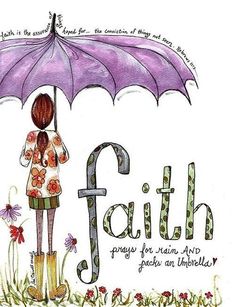 a drawing of a woman holding an umbrella with the word faith written below it in cursive letters