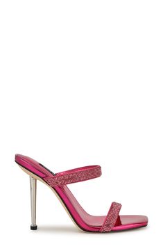 Jewel-encrusted straps bring timeless glamour to a party-ready sandal balanced by an angular square toe and metallic pin heel. 3 3/4" heel Synthetic upper, lining and sole Imported Jewel Encrusted, Timeless Glamour, Sandal Women, Dark Pink, Slide Sandals, Nine West, Womens Sandals, Nordstrom, Bring It On