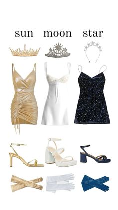 four different types of dresses and shoes with the words sun moon star