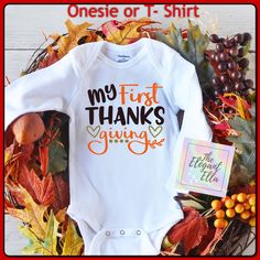 "My First a thanksgiving bodysuit or t shirt Be sure to follow me on Facebook for sales Join my VIP facebook group for special coupons and weekly specials https://www.facebook.com/groups/1382348991994285/ you can also follow me here www.facebook.com/theelegantella SHIPPING & PROCESSING TIME: I will ship all orders using USPS First Class Mail, which takes 2-5 business days for delivery, sometimes longer (U.S. ORDERS ONLY). Please see the \"SHIPPING & POLICIES\" tab above for the current p One Piece Thanksgiving, Boys Thanksgiving Shirts, My First Thanksgiving, 1st Thanksgiving, First Thanksgiving, Weekly Specials, Thanksgiving Shirt, Thanksgiving Shirts, Gold Orange