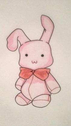 a drawing of a pink bunny with a red bow on it's neck sitting in front of a white wall