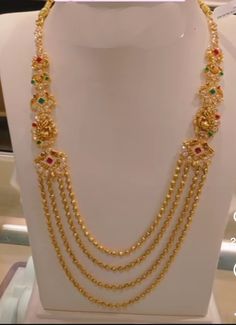 Haar Design In Gold, Gundla Haram Designs, Chandra Haram Designs Gold, 30 Grams Gold Haram Designs, Long Haram Gold Jewellery Designs, Kasu Haram, Step Chain, Antique Haram