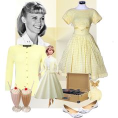 a woman in yellow dress and white shoes next to a box with an ice cream sundae