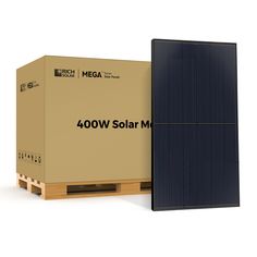 a solar panel sitting on top of a pallet next to a cardboard box that says, 400w solar m