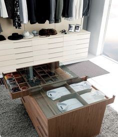 a modern dressing room with drawers and clothes on hangers above the mirrored countertop