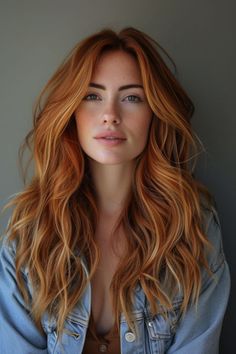 Long wavy hair with a vivid copper color, shining under soft lighting Hair Color Ideas Trending, Auburn Hair Color Ideas, Auburn Hair Color, Trending Looks, Two Toned Hair, Strawberry Blonde Hair Color, Strawberry Blonde Hair