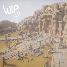 an animated image of a city with lots of rocks