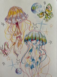 art
jellyfish
y2k
watercolor
pencil
2000 Boxy Artsyle, Colorful Things To Draw, Watercolor And Colored Pencil Art, Emphasis Art, Color Pencil Drawings, Chasing Shadows, Don't Overthink, Crayon Art