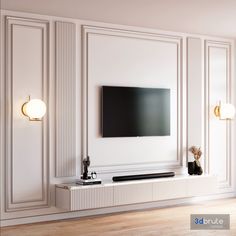 a flat screen tv mounted to the side of a white wall in a living room