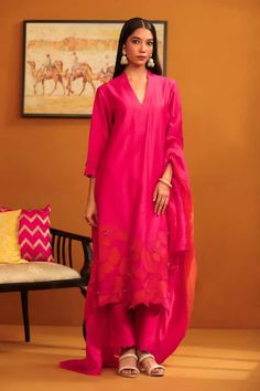 Hot pink straight kurta with floral applique patch work on the hem and sleeves. Paired with a trouser and dupatta. - Aza Fashions Trouser Pattern, Pink Kurta, Straight Kurta, Patch Work, Flower Applique, Appliqué Patch, Floral Applique, Set For Women, Three Quarter Sleeves