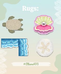 four different types of rugs on a blue and green background with white flowers, sea turtle