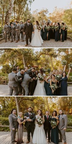 a group of people standing next to each other in front of trees and bushes with flowers