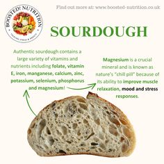 a close up of a piece of bread on a white background with words describing the benefits of sourdough