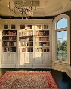 a living room filled with lots of books on top of a book shelf next to a window