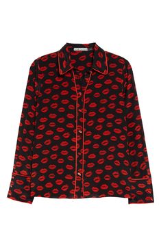 Pucker up in this playfully printed shirt elevated in luxe silk. 24 1/2" length (size Medium) Front button closure Spread collar Long sleeves 100% silk with 100% polyester contrast Dry clean Imported Silk Collared Shirt With Graphic Print, Silk Collared Printed Tops, Silk Printed Collared Top, Silk Collared Printed Blouse, Silk Collared Blouse With Print, Silk Collared Tops With Graphic Print, Black Silk Tops For Daywear, Black Silk Collared Shirt, Designer Printed Blouse For Work