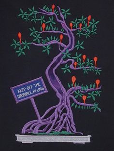 a drawing of a tree with red flowers and a sign that says keep off the terrible plums