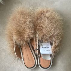 Brand New- Never Worn. Tags Attached. Special Edition Fur Zara Slides Chic Beige Sandals For Fall, Chic Beige Fall Sandals, Zara Slides, Gold Slippers, Orange Flats, Zara Flats, Pink Slides, Faux Fur Slides, Black Gold Chain